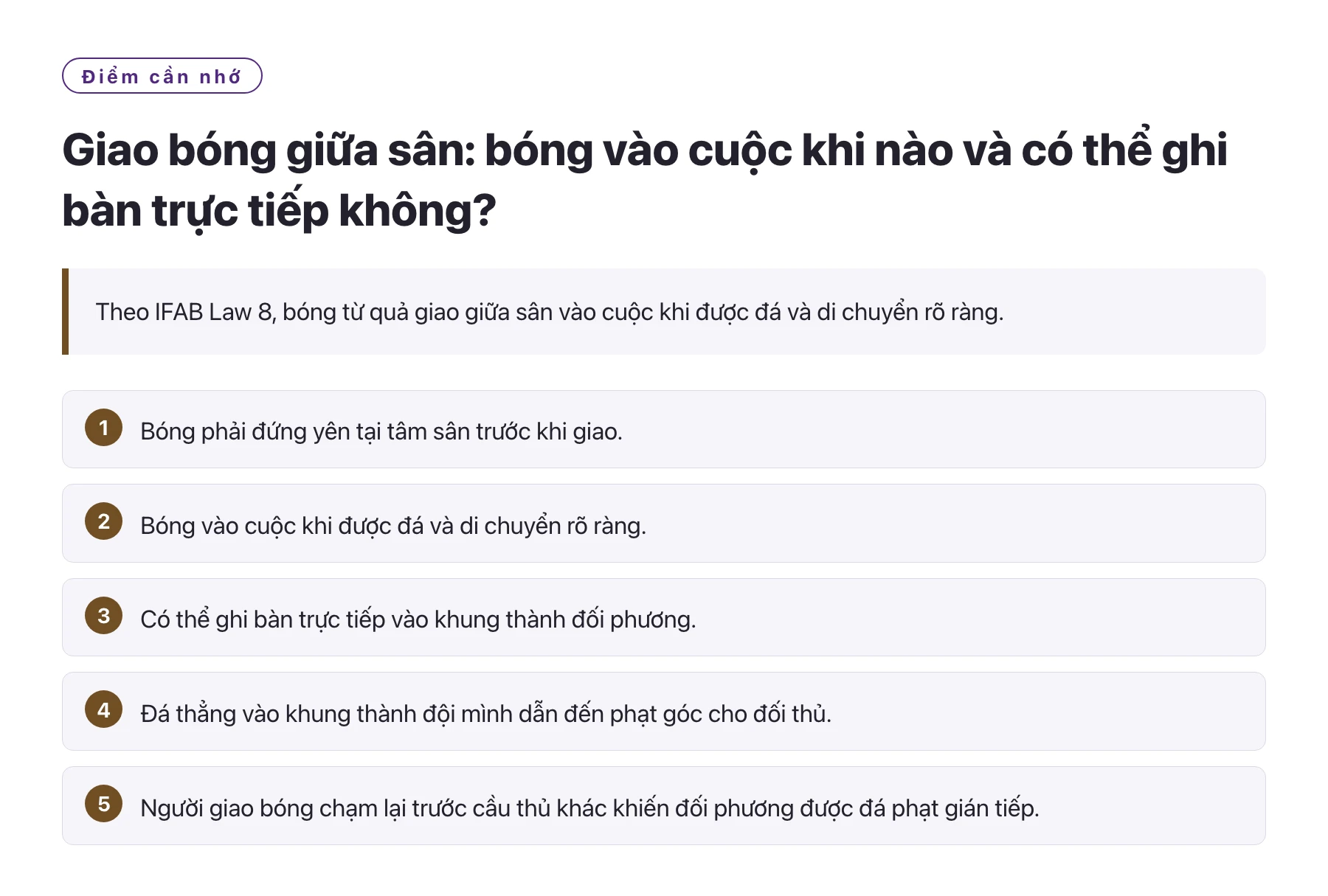 Giao bóng giữa sân: bóng vào cuộc khi nào và có thể ghi bàn trực tiếp không?——全文要点速览